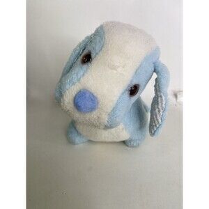 Vintage Bantam Blue White Puppy Dog Plush Musical Wind Up Stuffed Toy Moves USA